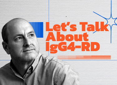 Picture of IgG4-RD patient, Vince, alongside text that reads "Let's talk about IgG4-RD"